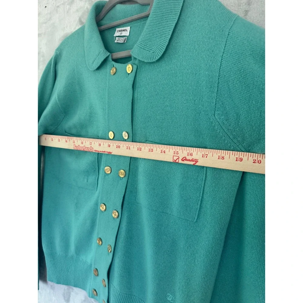 Chanel Vintage Cashmere Skirt Suit Teal Green Gold CC Buttons Scotland Sz 8 10